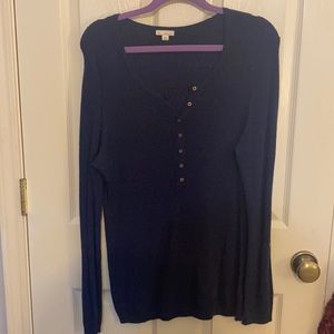 NAVY WAFFLE KNIT QUARTER BUTTON SWEATER